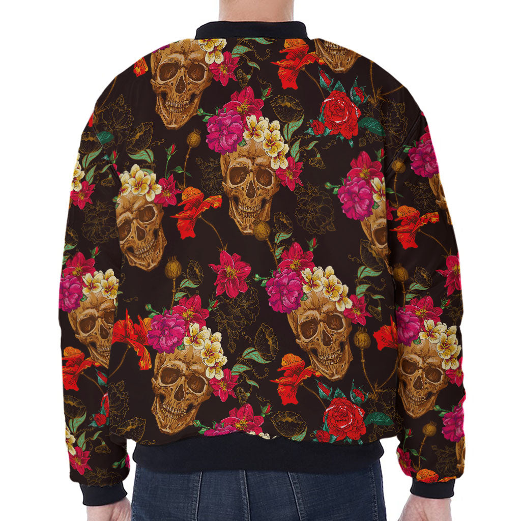 Vintage Flowers Skull Pattern Print Zip Sleeve Bomber Jacket