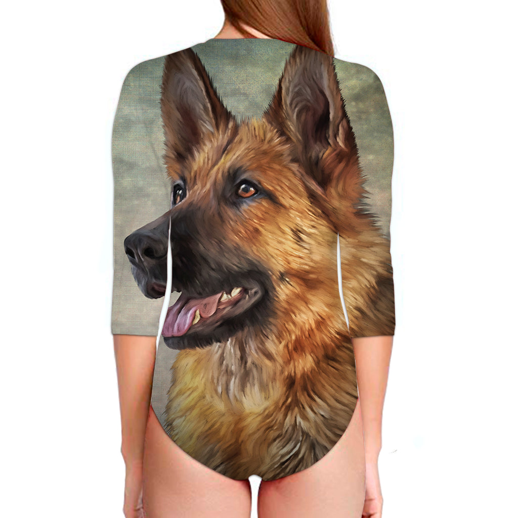 Vintage German Shepherd Portrait Print Long Sleeve Swimsuit