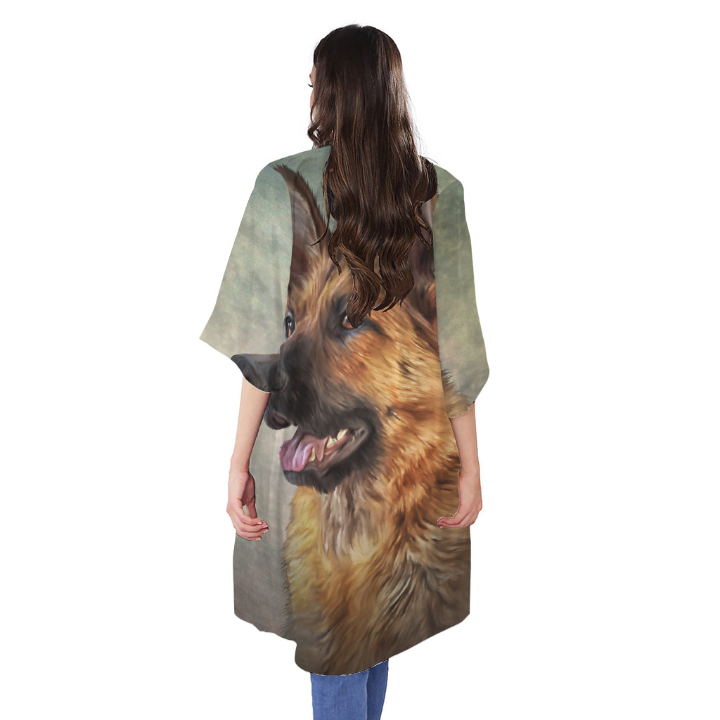 Vintage German Shepherd Portrait Print Open Front Beach Cover Up