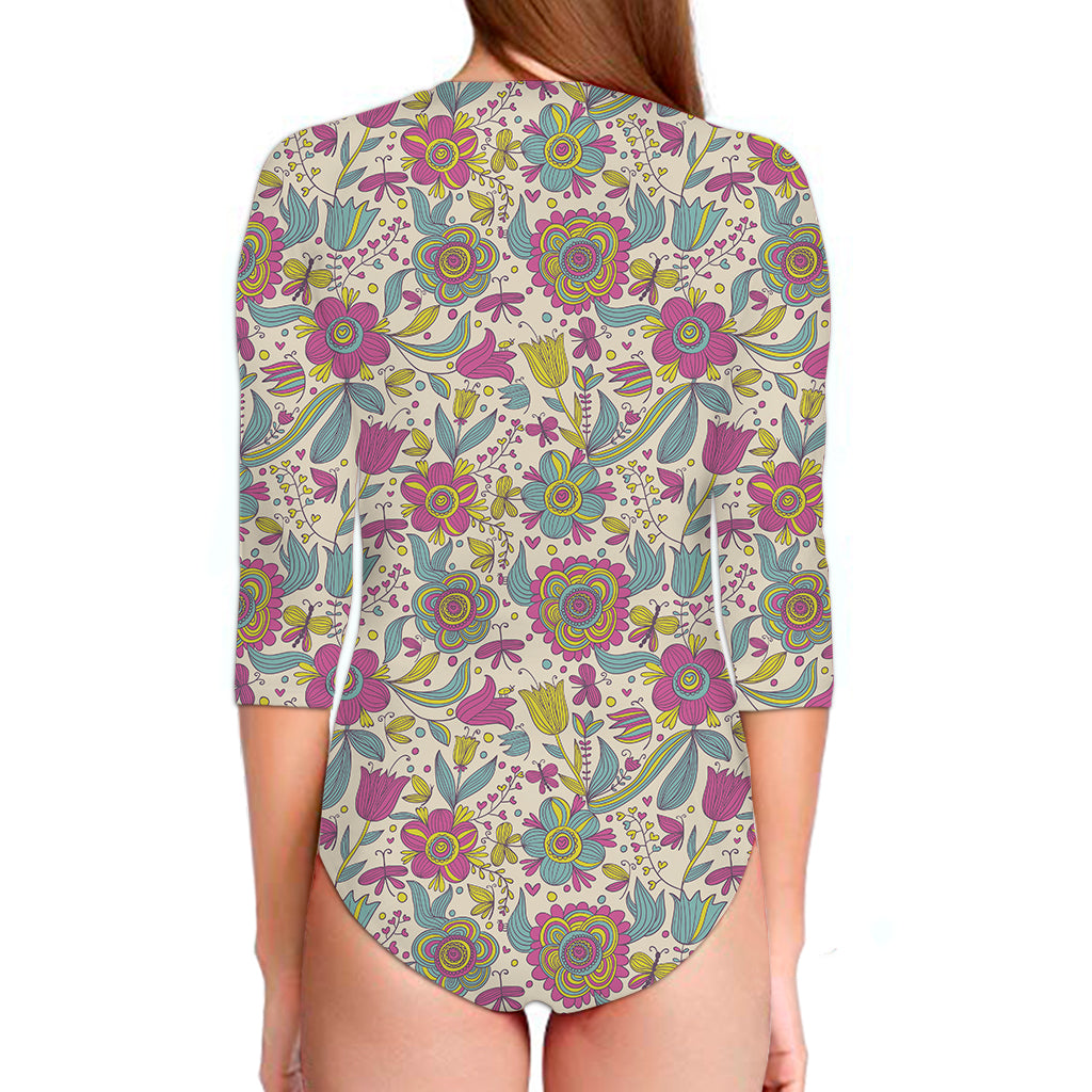 Vintage Girly Floral Print Long Sleeve Swimsuit