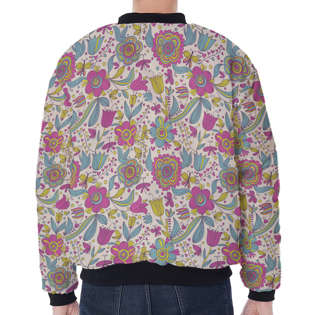 Vintage Girly Floral Print Zip Sleeve Bomber Jacket