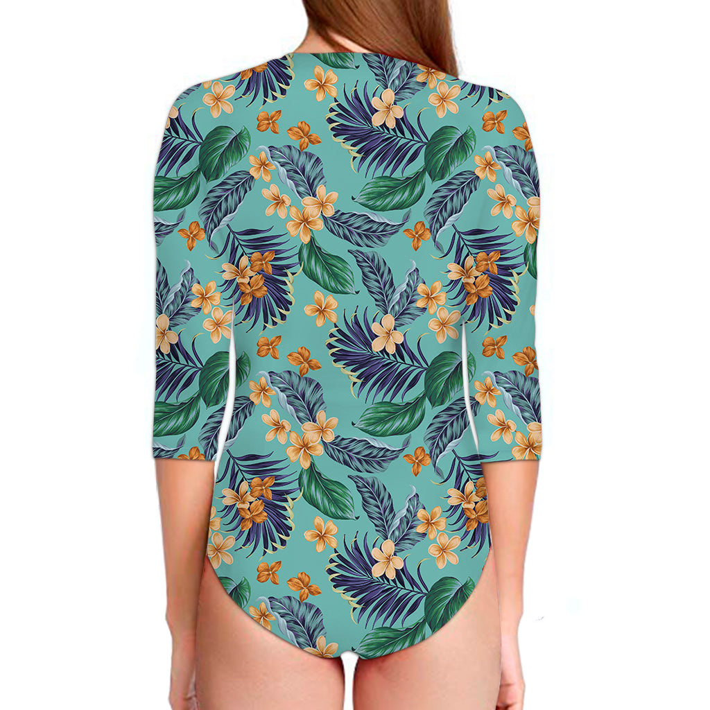 Vintage Hawaiian Aloha Pattern Print Long Sleeve Swimsuit