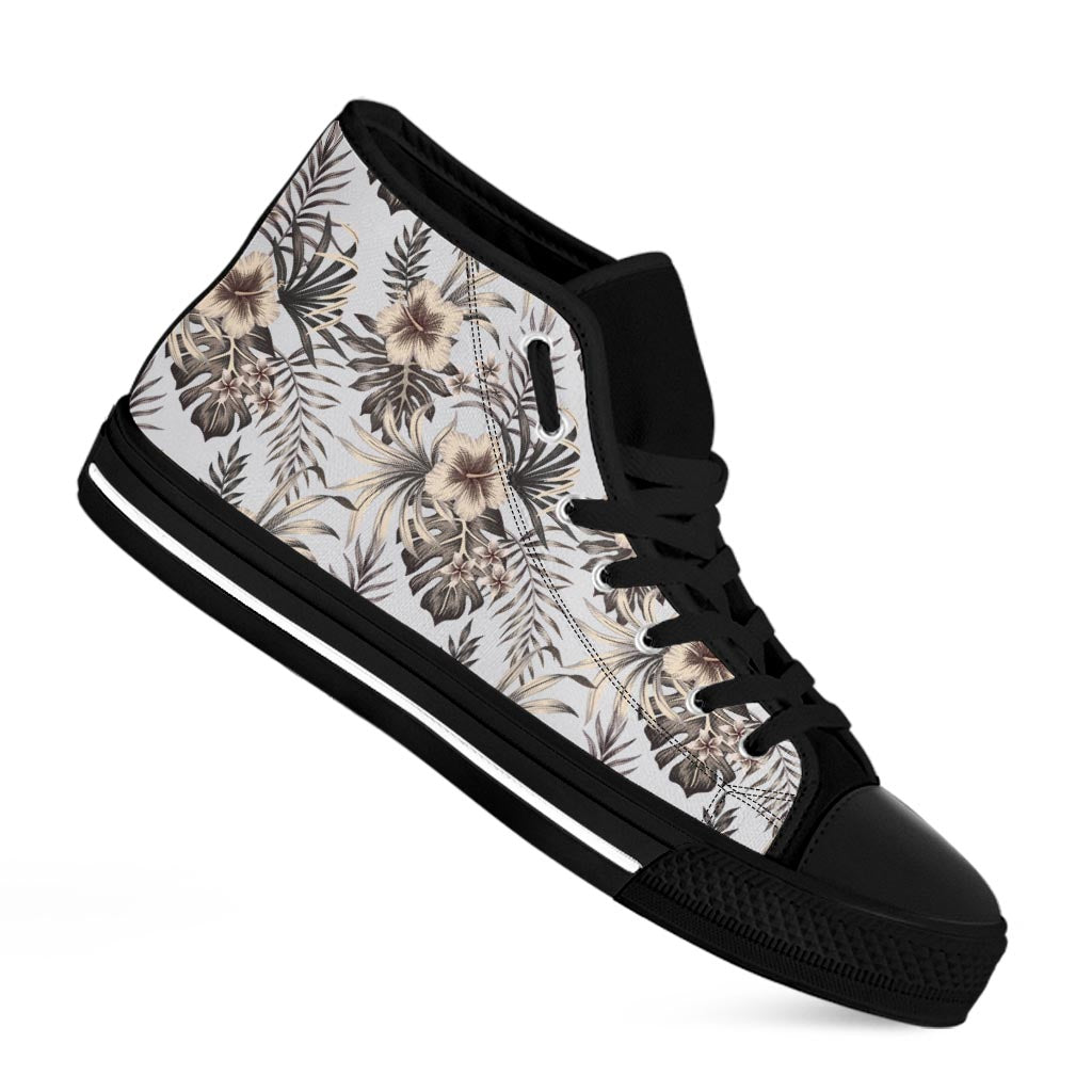 Vintage Hibiscus Plumeria Pattern Print Black High Top Sneakers