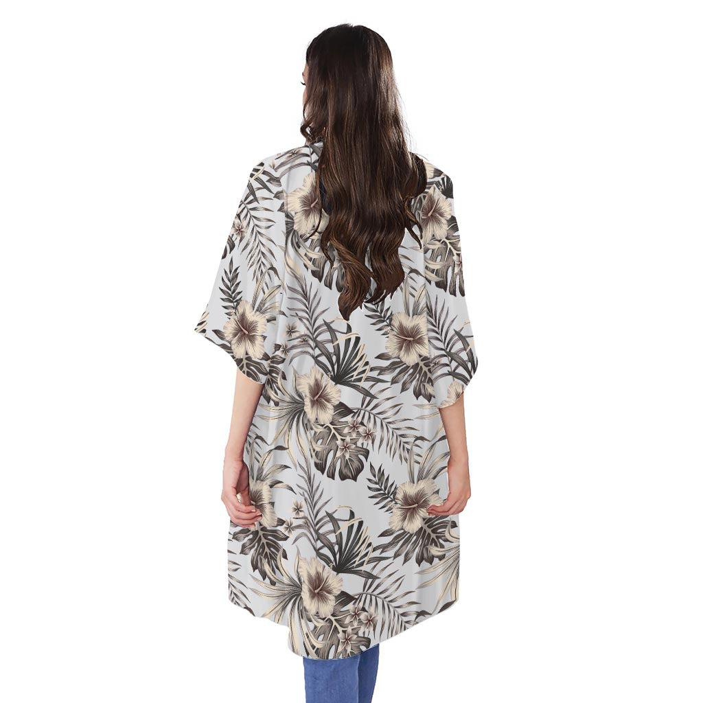 Vintage Hibiscus Plumeria Pattern Print Open Front Beach Cover Up