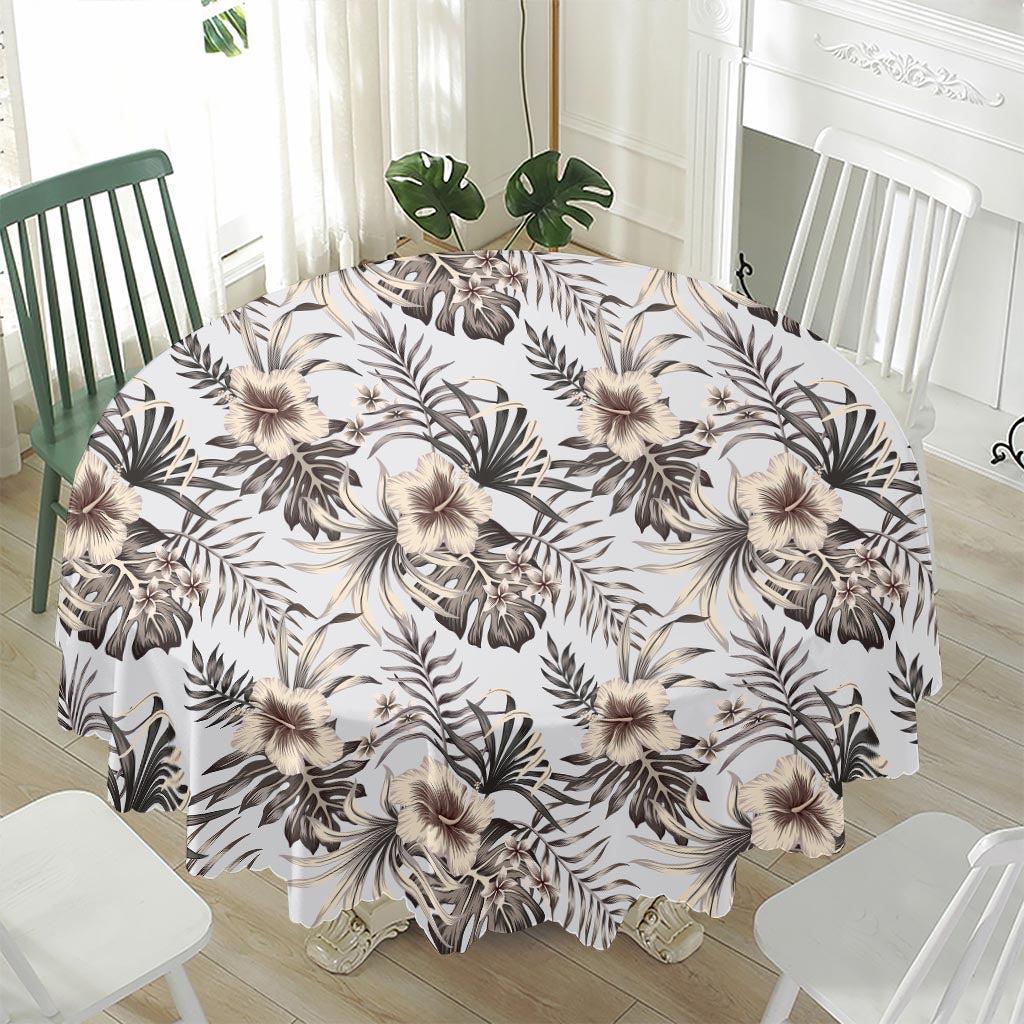 Vintage Hibiscus Plumeria Pattern Print Waterproof Round Tablecloth