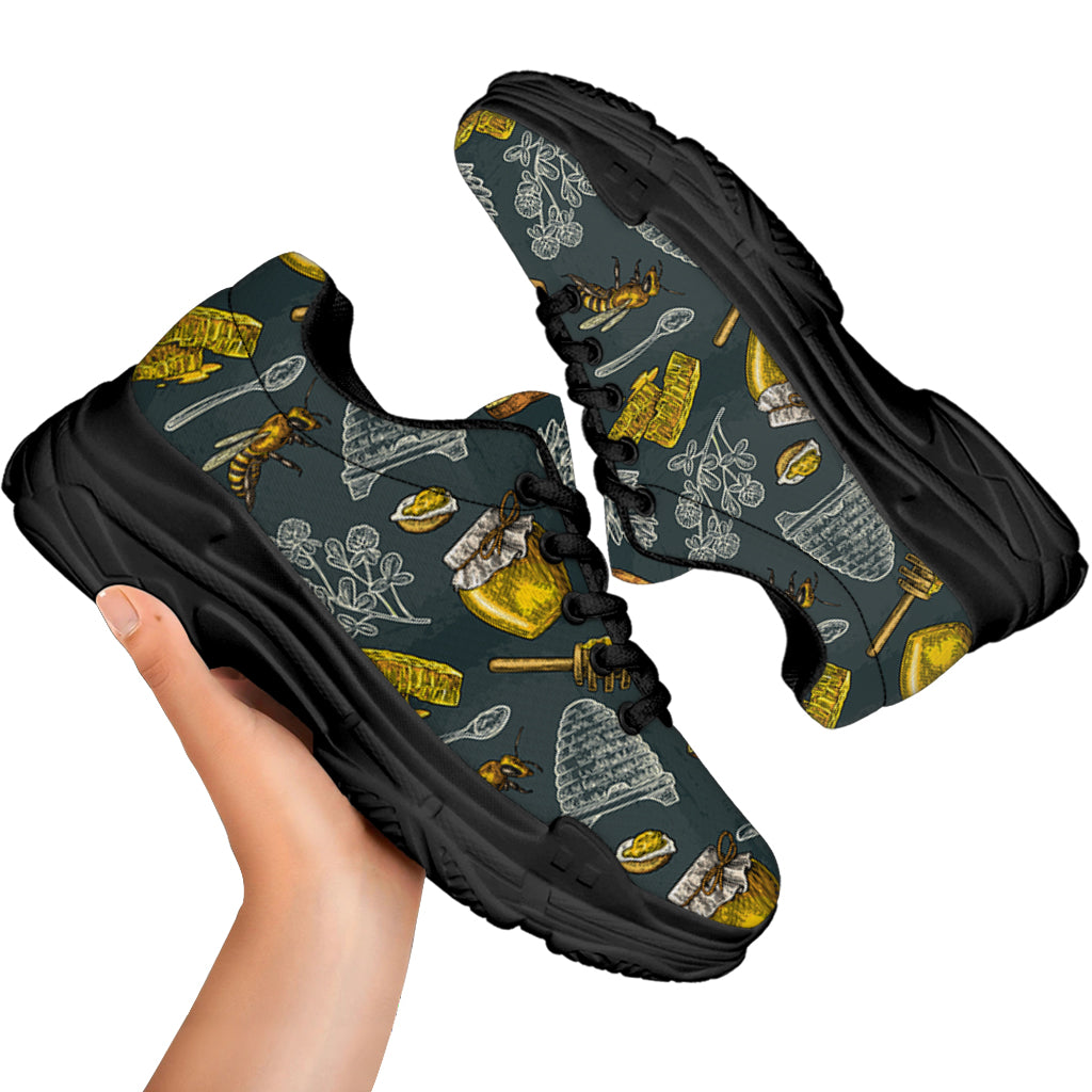 Vintage Honey Bee Print Black Chunky Shoes