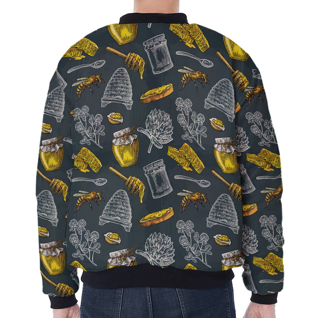 Vintage Honey Bee Print Zip Sleeve Bomber Jacket