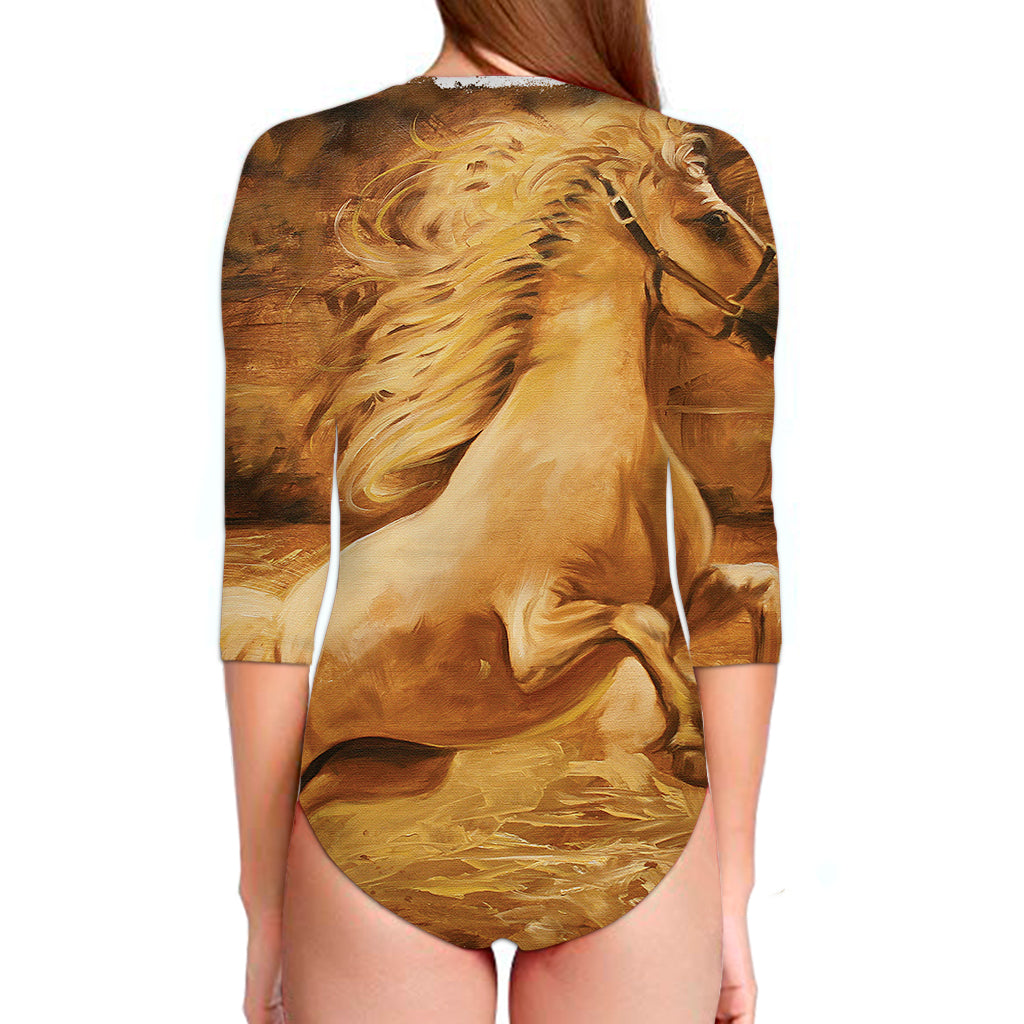 Vintage Horse Painting Print Long Sleeve Swimsuit