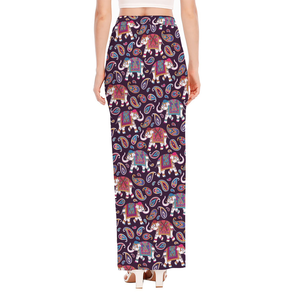 Vintage Indian Elephant Pattern Print High Slit Maxi Skirt