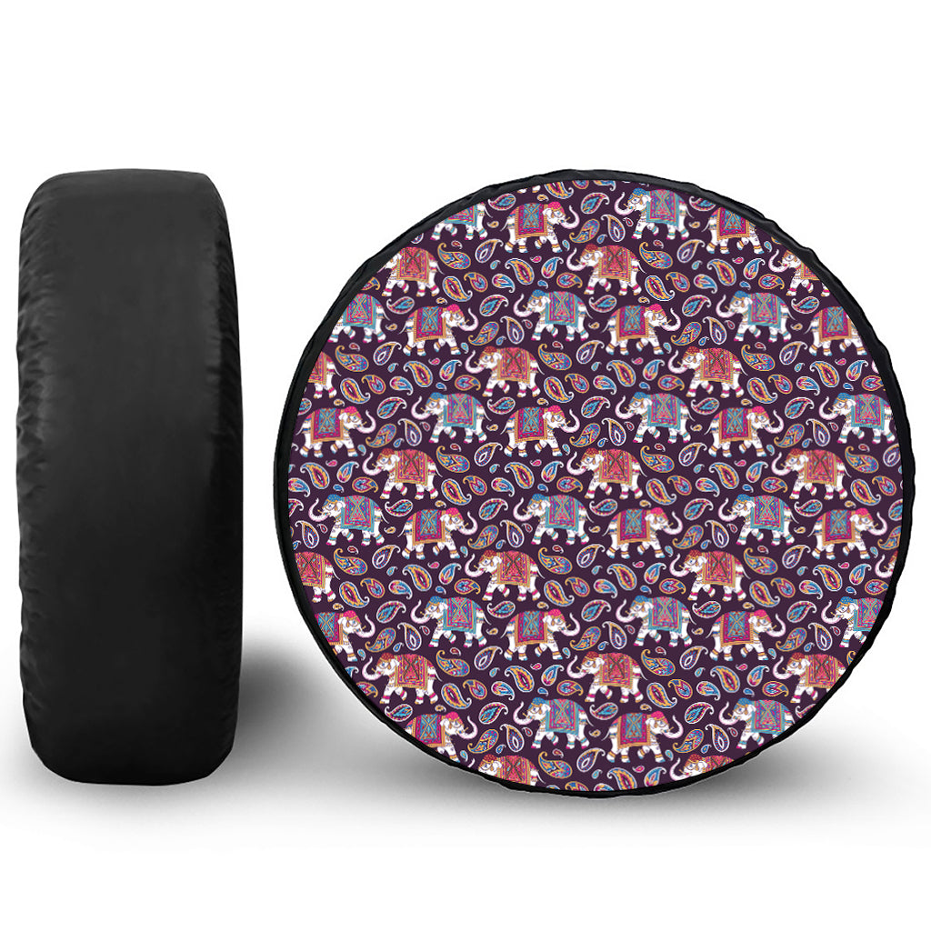 Vintage Indian Elephant Pattern Print Leather Spare Tire Cover