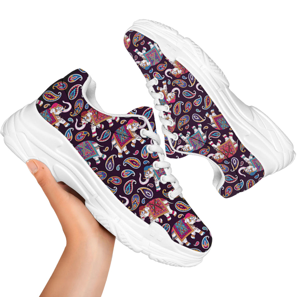 Vintage Indian Elephant Pattern Print White Chunky Shoes