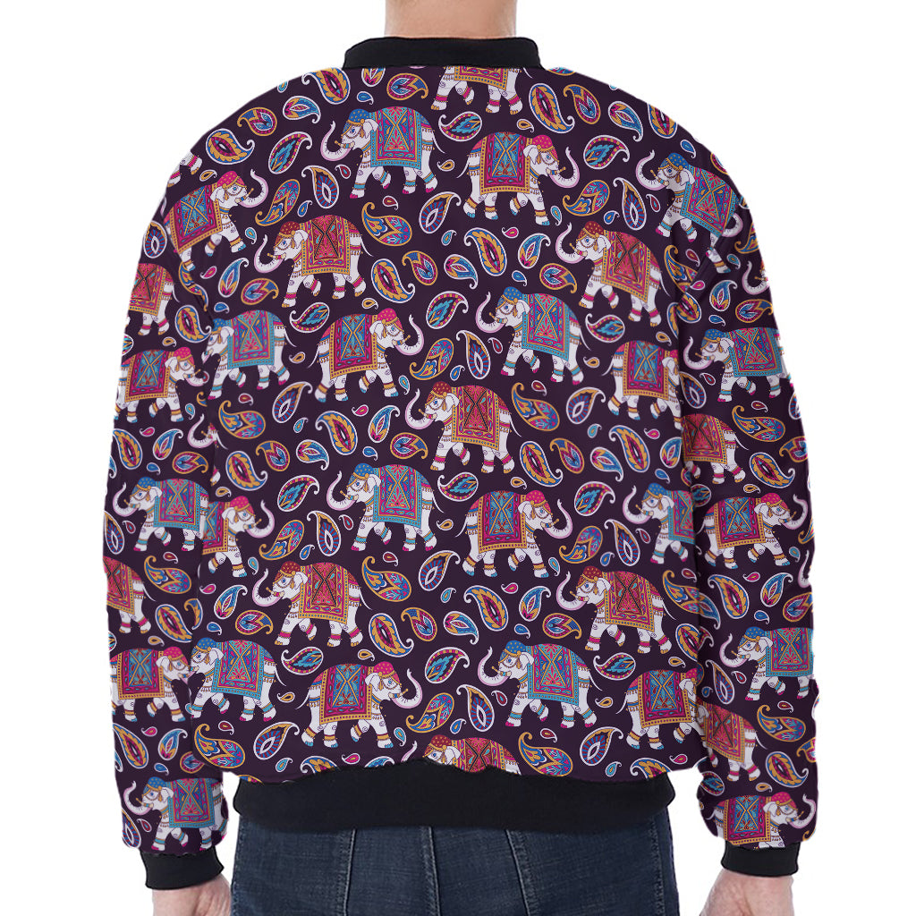 Vintage Indian Elephant Pattern Print Zip Sleeve Bomber Jacket