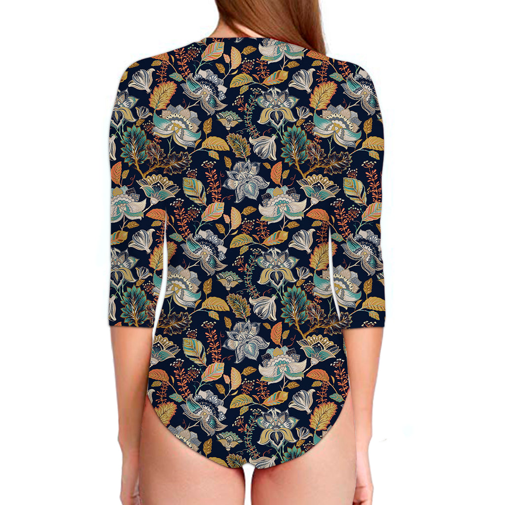 Vintage Indian Floral Pattern Print Long Sleeve Swimsuit