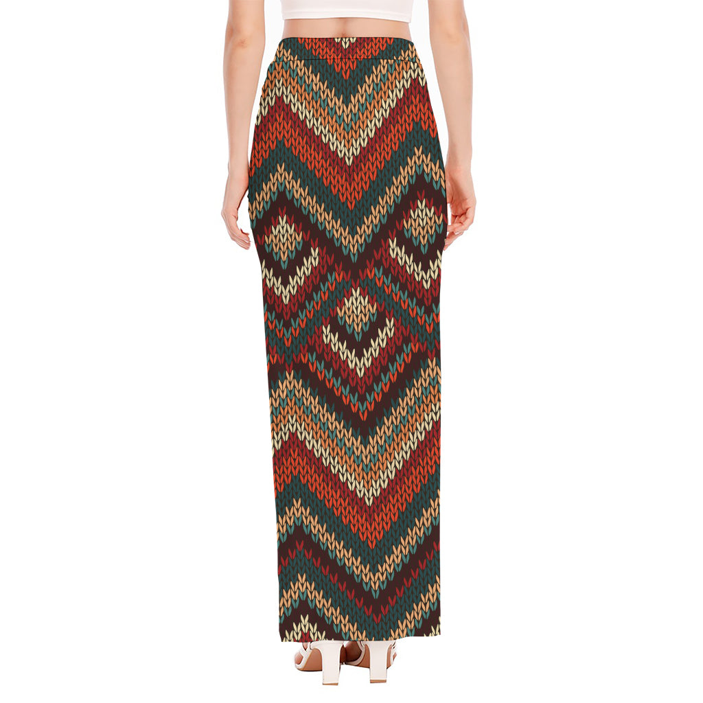 Vintage Knitted Pattern Print High Slit Maxi Skirt