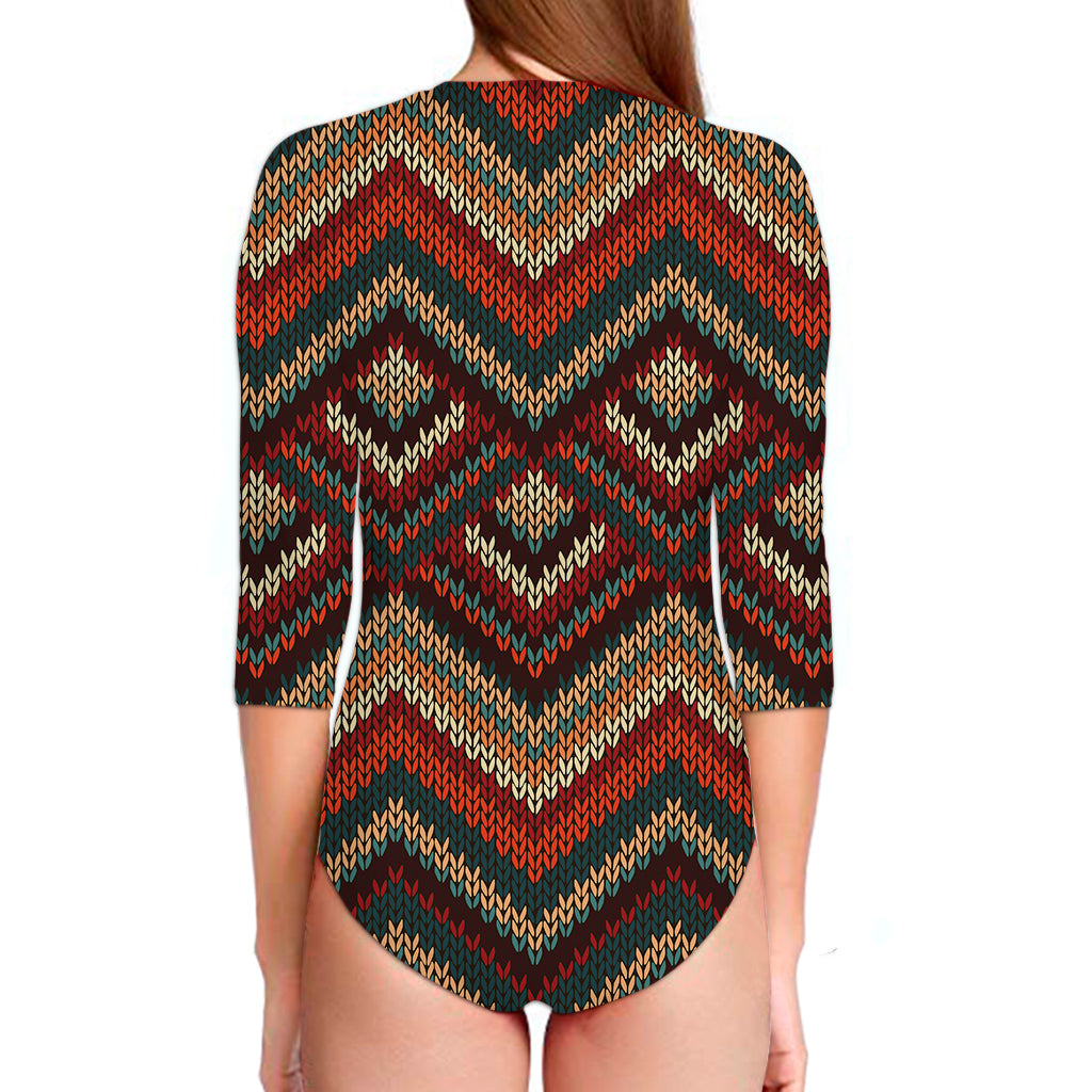 Vintage Knitted Pattern Print Long Sleeve Swimsuit