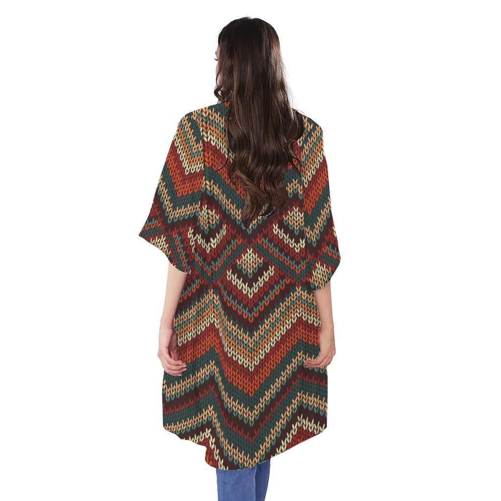 Vintage Knitted Pattern Print Open Front Beach Cover Up