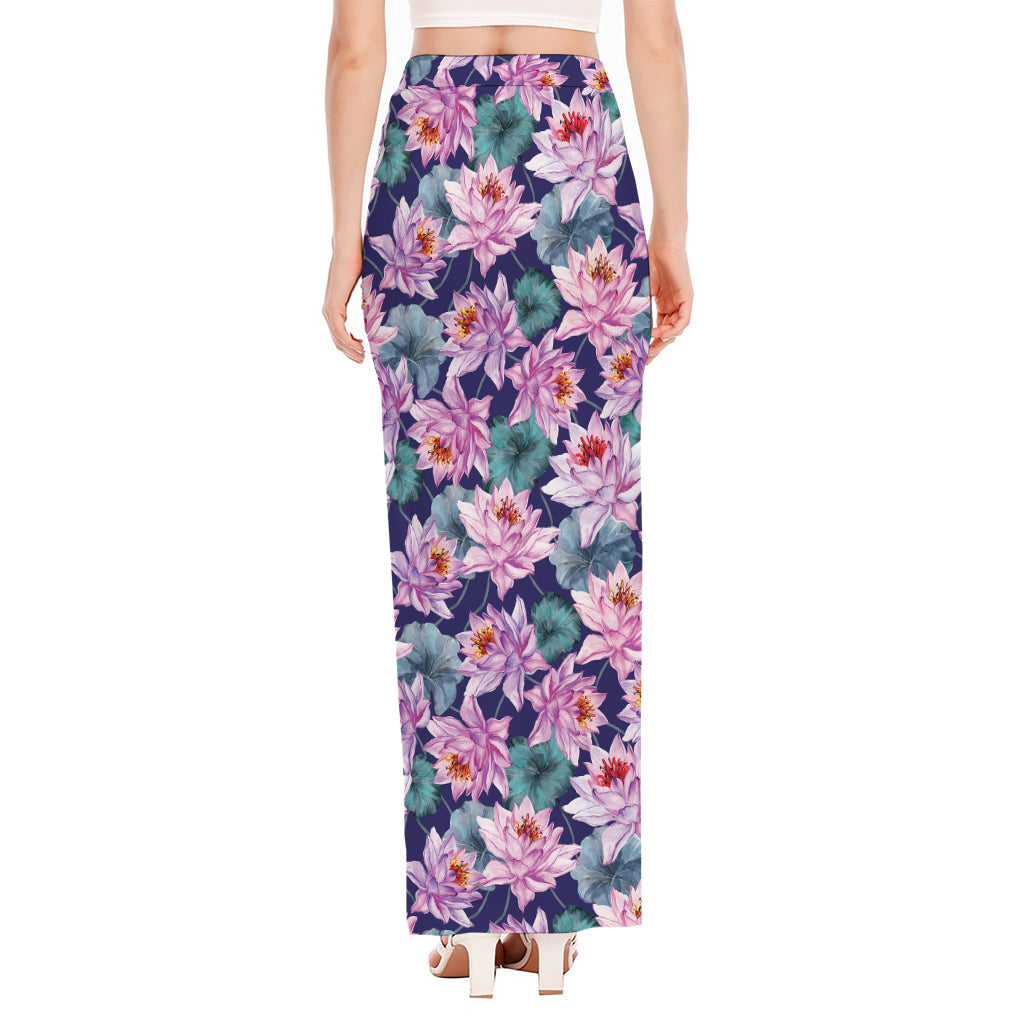 Vintage Lotus Flower Print High Slit Maxi Skirt
