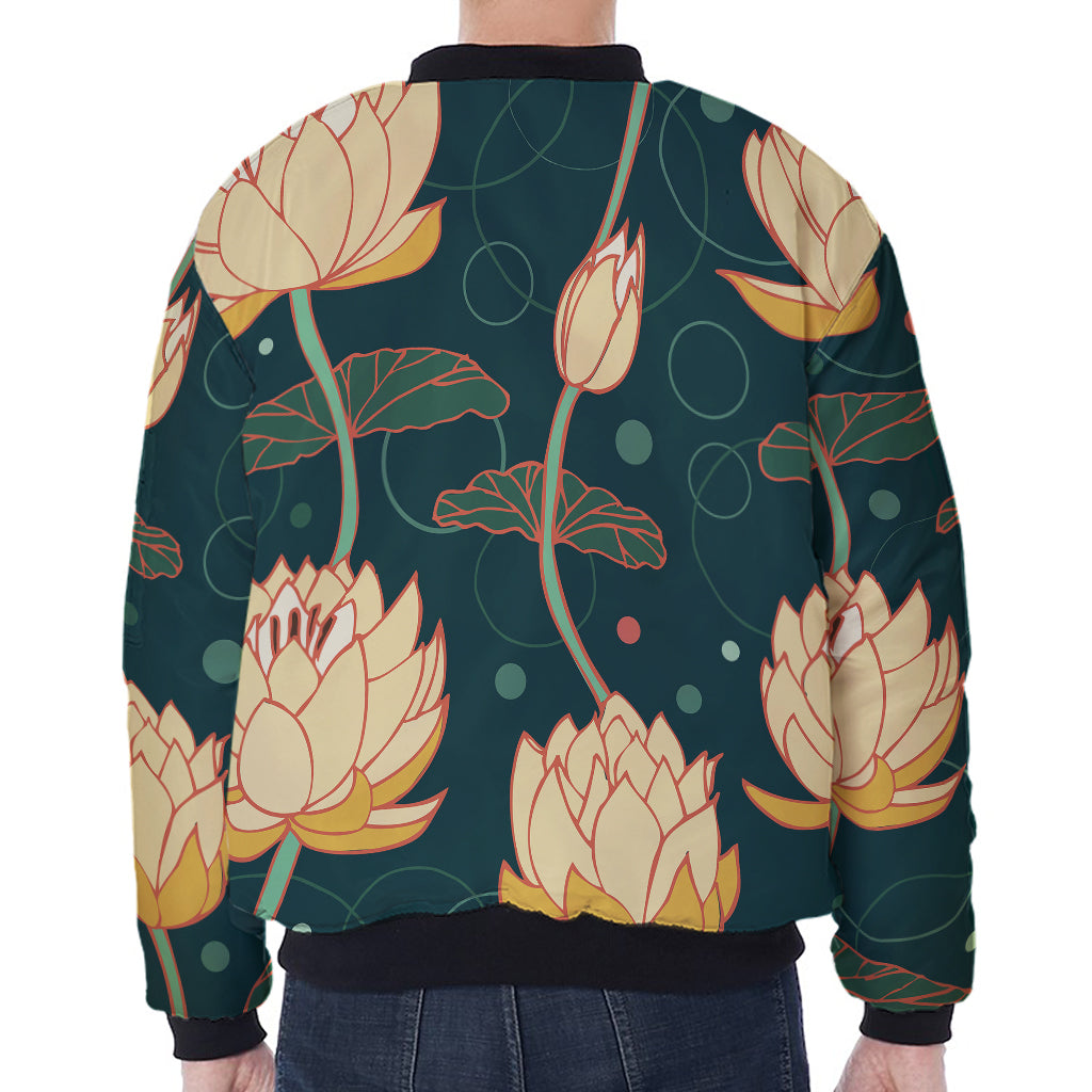 Vintage Lotus Pattern Print Zip Sleeve Bomber Jacket