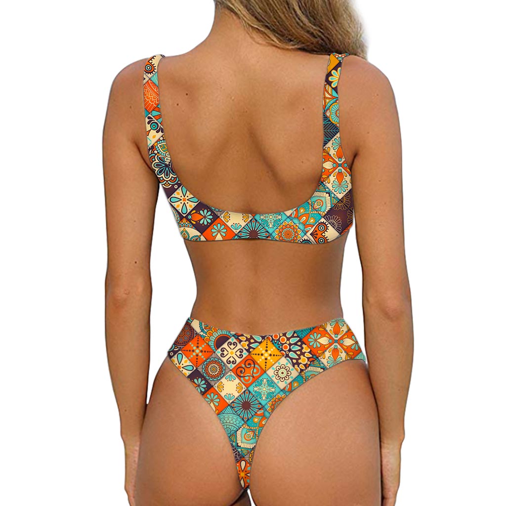 Vintage Mandala Bohemian Pattern Print Front Bow Tie Bikini