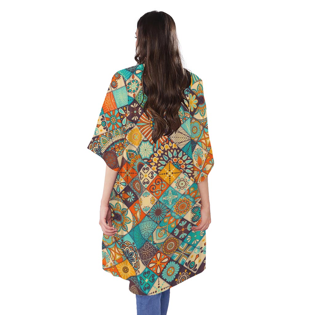 Vintage Mandala Bohemian Pattern Print Open Front Beach Cover Up