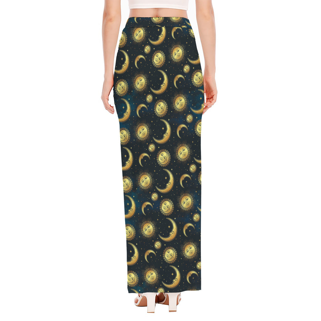 Vintage Moon And Sun Pattern Print High Slit Maxi Skirt