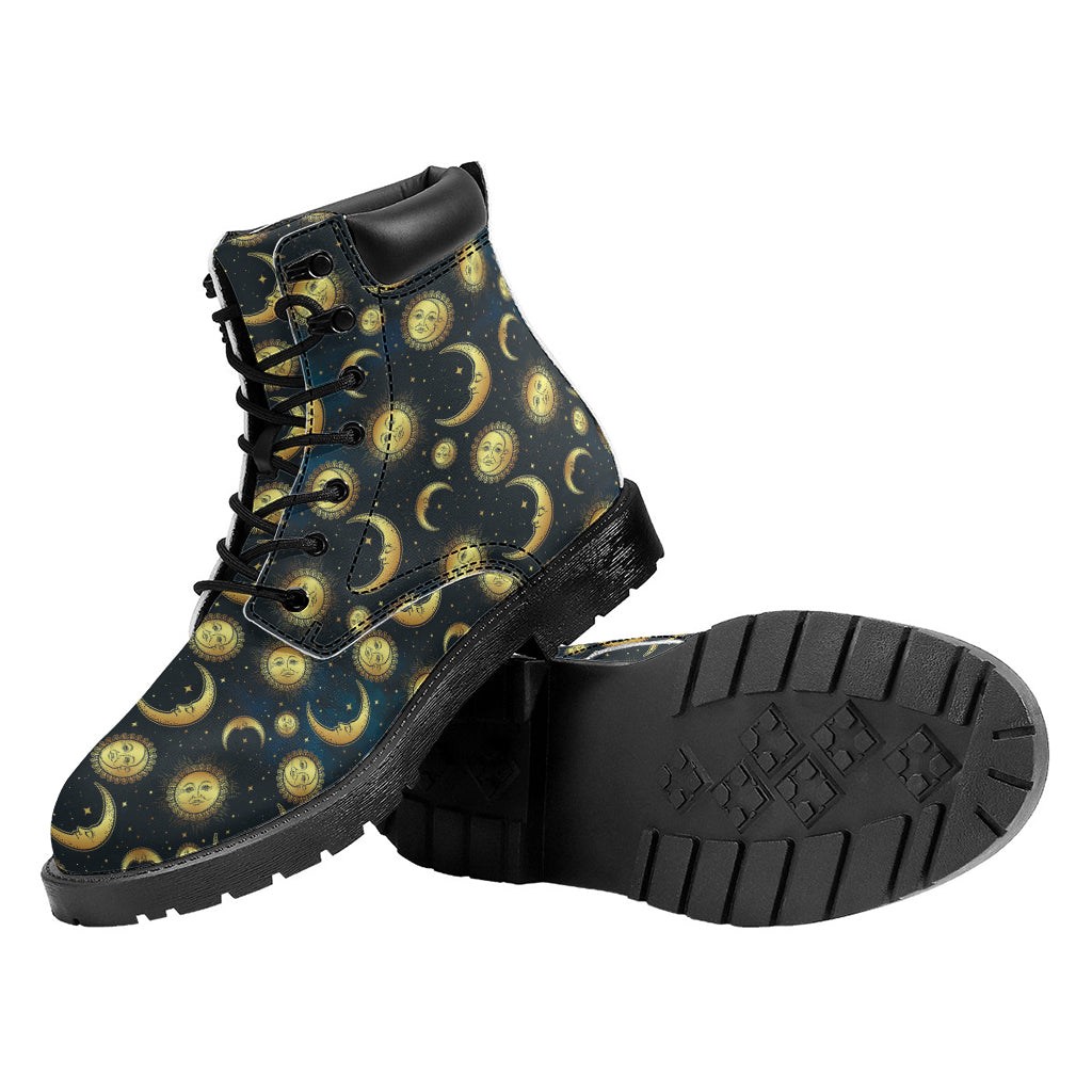 Vintage Moon And Sun Pattern Print Work Boots