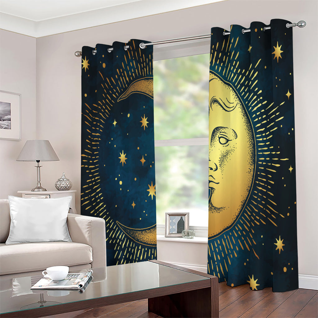 Vintage Moon And Sun Print Extra Wide Grommet Curtains