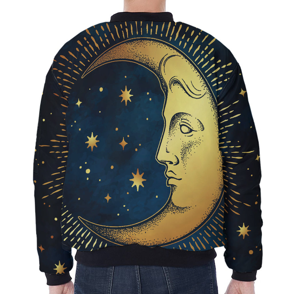 Vintage Moon And Sun Print Zip Sleeve Bomber Jacket