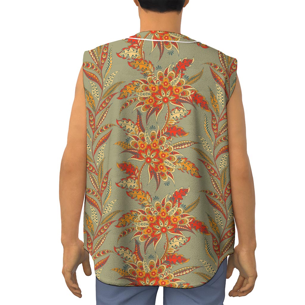 Vintage Orange Bohemian Floral Print Sleeveless Baseball Jersey