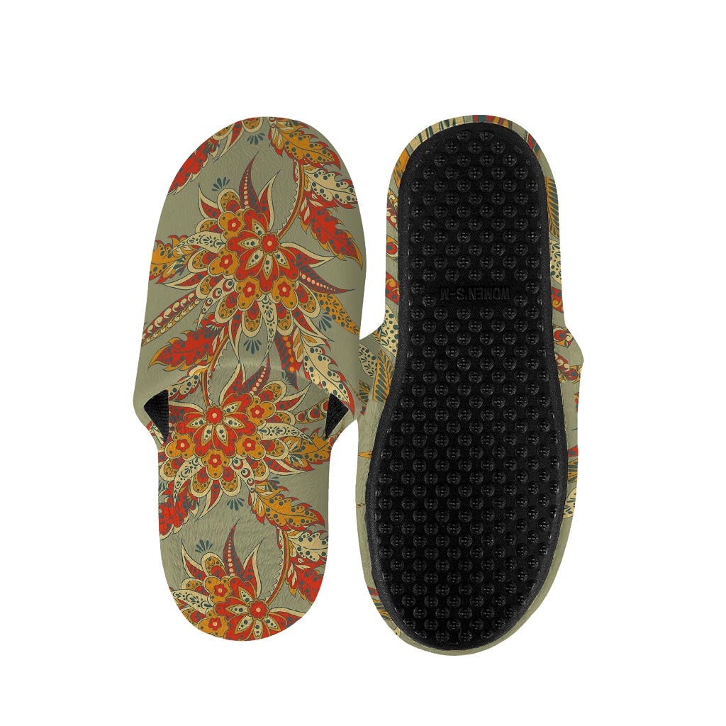 Vintage Orange Bohemian Floral Print Slippers