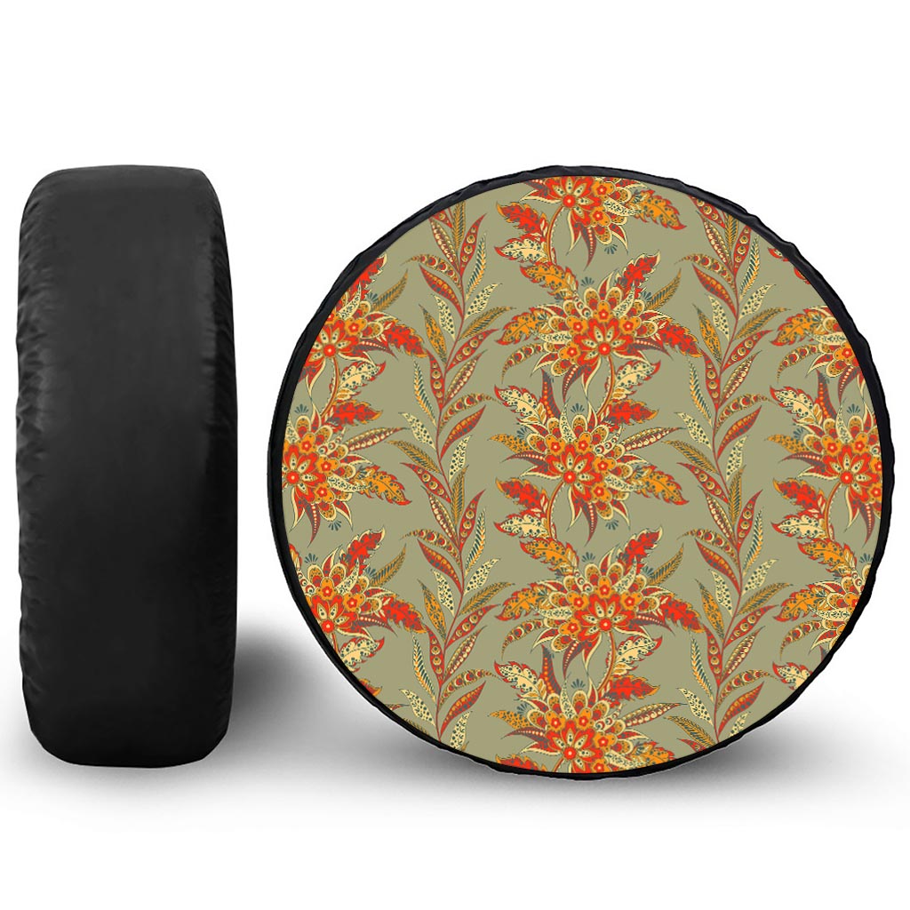 Vintage Orange Bohemian Floral Print Tire Cover