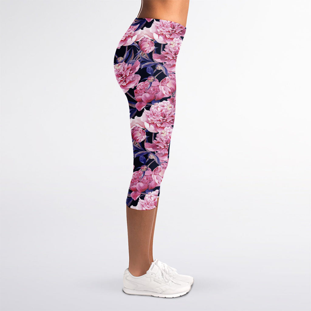 Vintage Pink Peony Floral Print Women's Capri Leggings