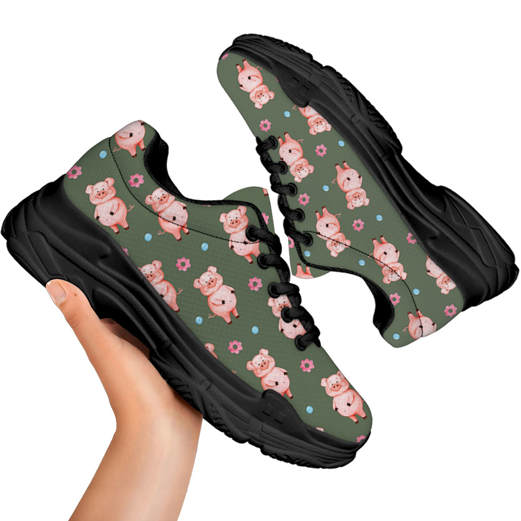 Vintage Pink Pig Pattern Print Black Chunky Shoes