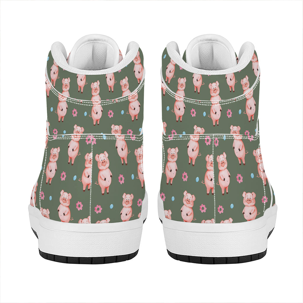 Vintage Pink Pig Pattern Print High Top Leather Sneakers