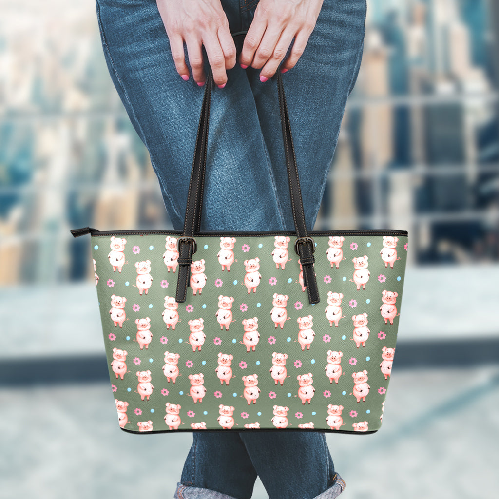 Vintage Pink Pig Pattern Print Leather Tote Bag