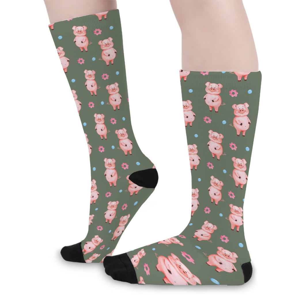 Vintage Pink Pig Pattern Print Long Socks