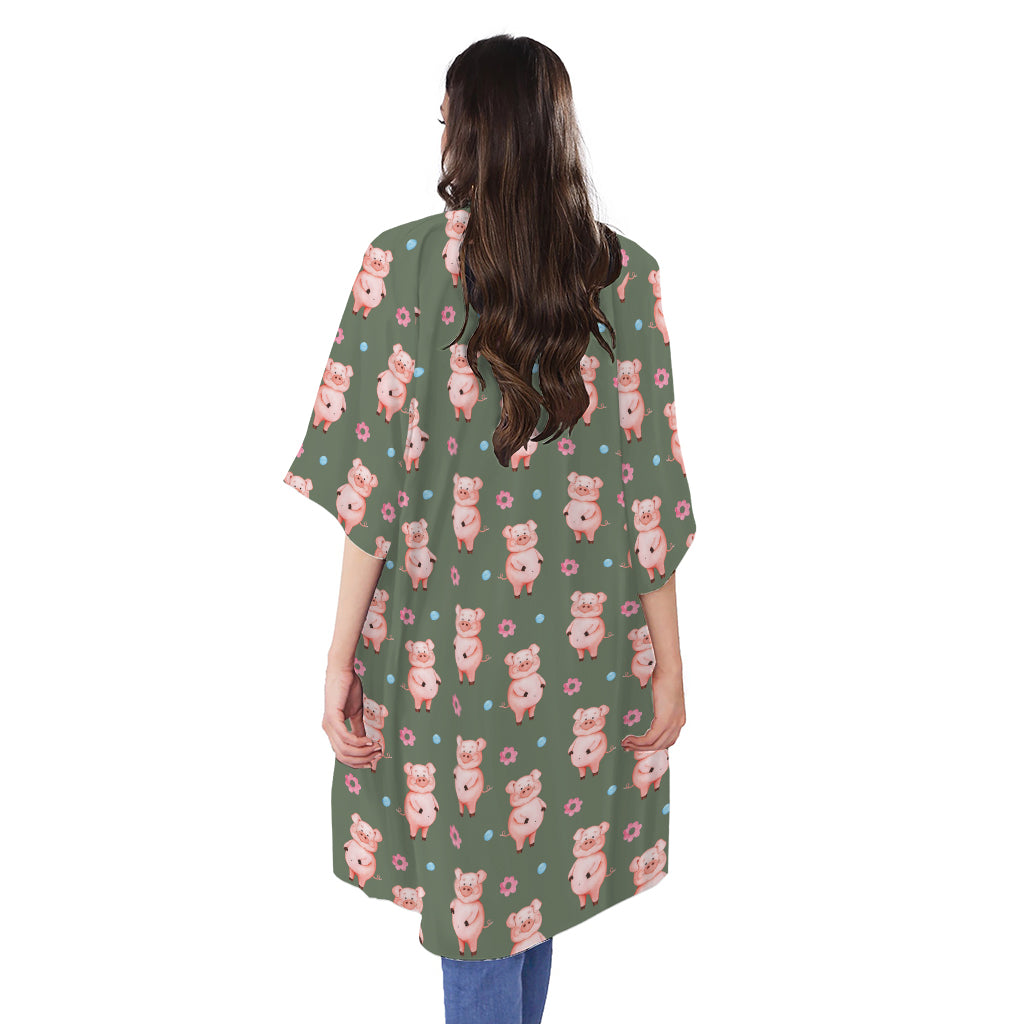 Vintage Pink Pig Pattern Print Open Front Beach Cover Up