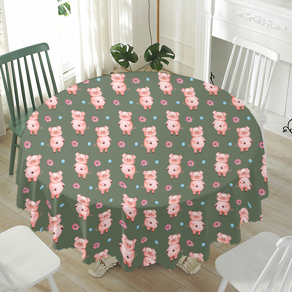 Vintage Pink Pig Pattern Print Waterproof Round Tablecloth