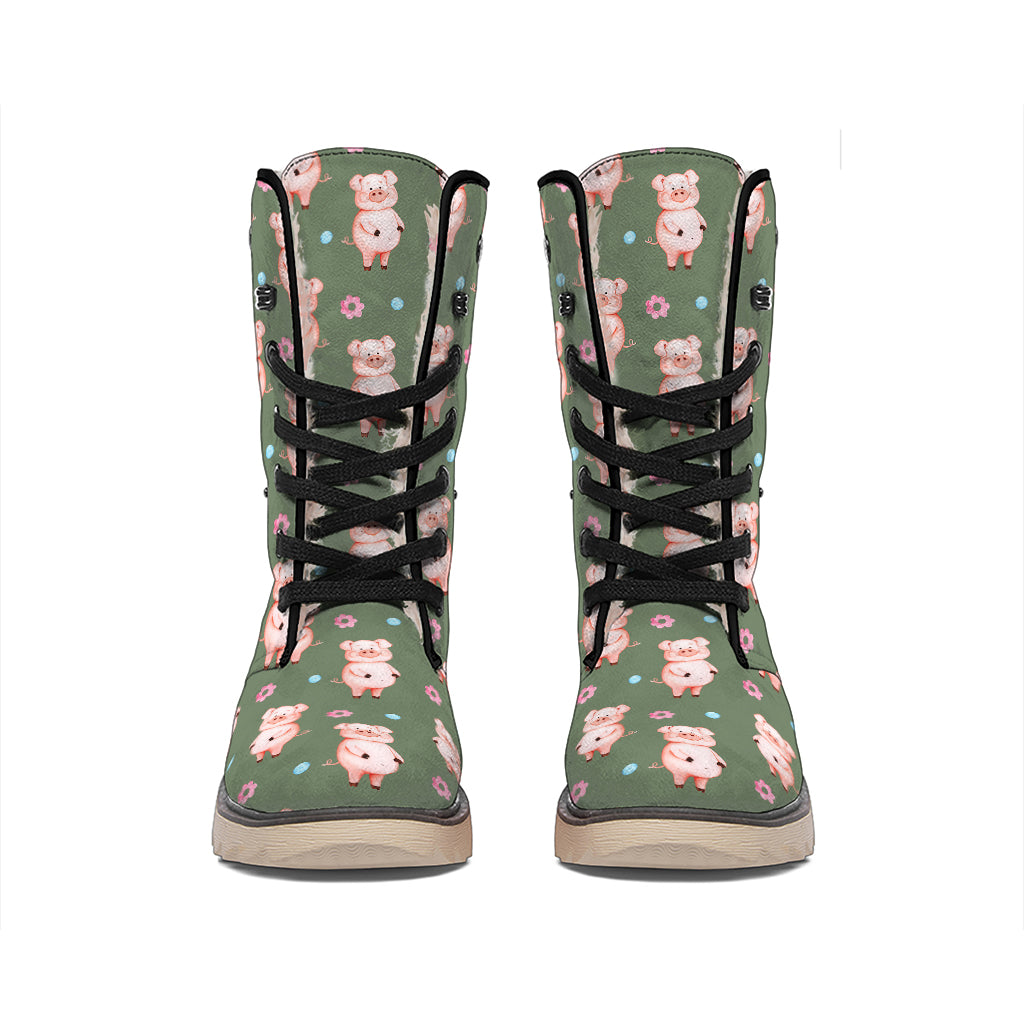 Vintage Pink Pig Pattern Print Winter Boots