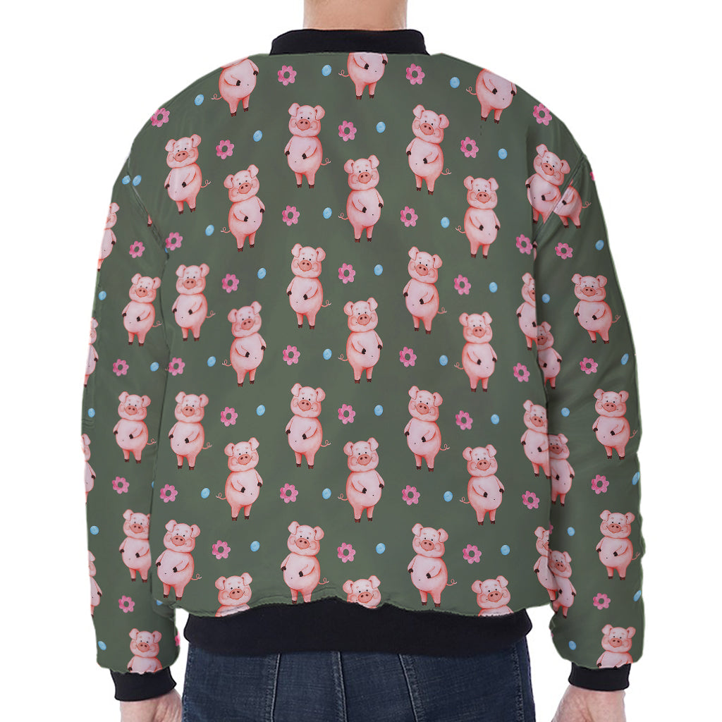 Vintage Pink Pig Pattern Print Zip Sleeve Bomber Jacket