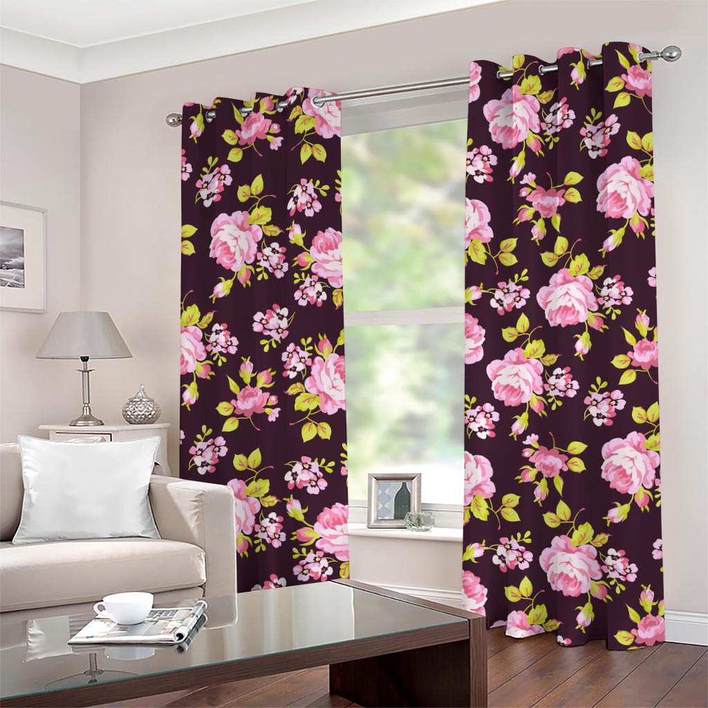 Vintage Pink Rose Floral Pattern Print Grommet Curtains