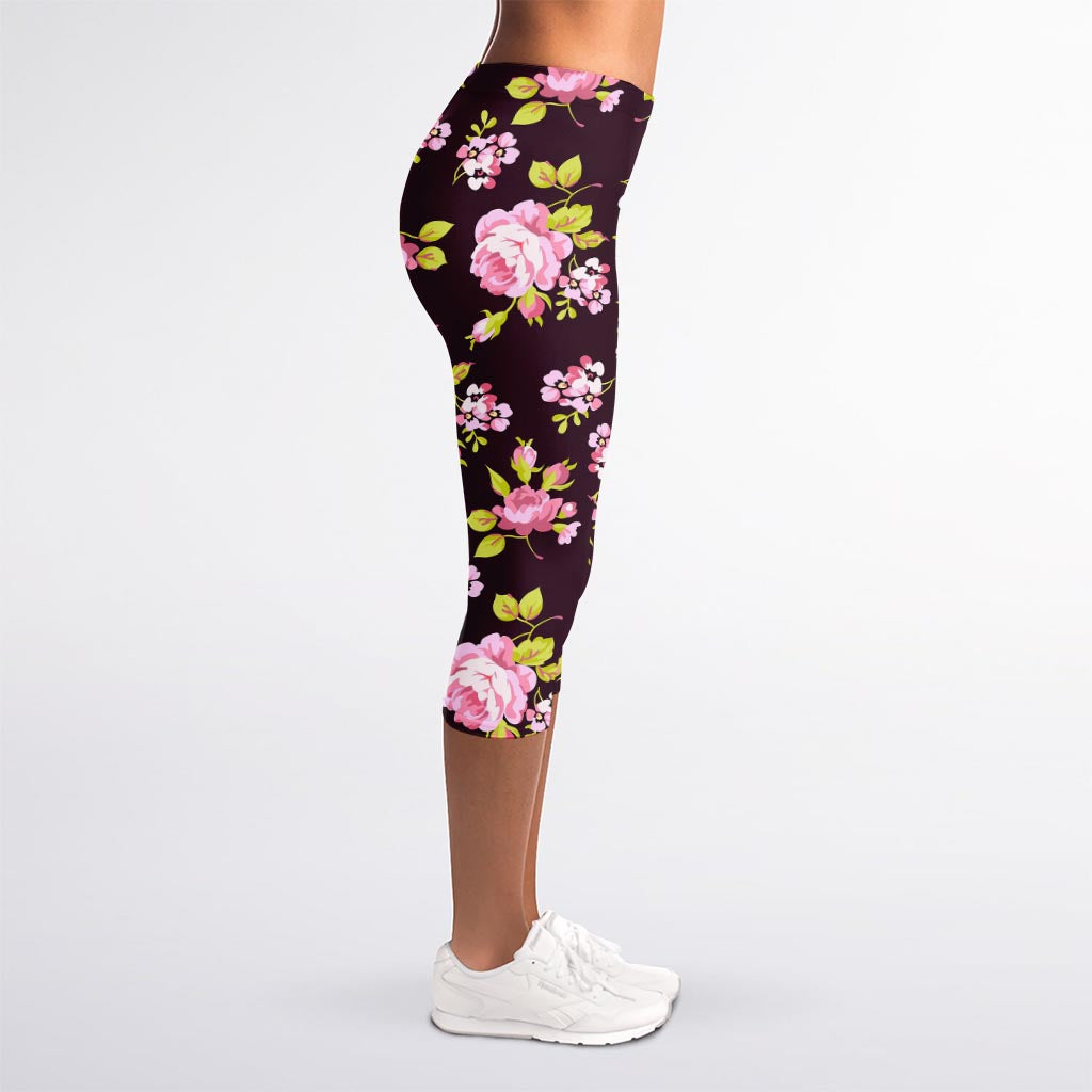 Vintage Pink Rose Floral Pattern Print Women's Capri Leggings