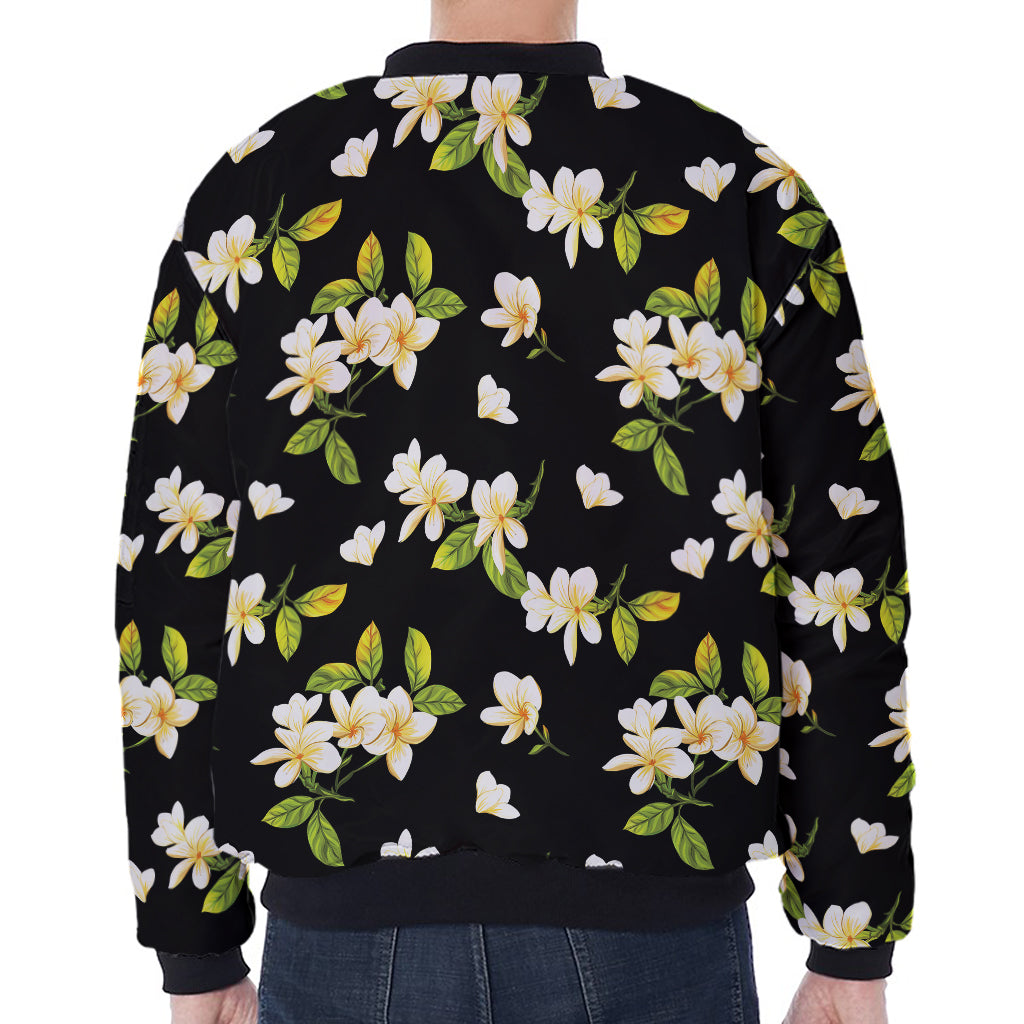 Vintage Plumeria Flower Pattern Print Zip Sleeve Bomber Jacket