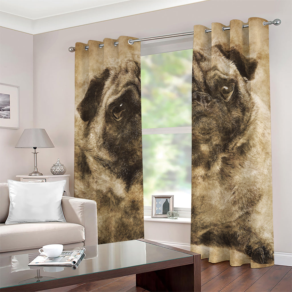 Vintage Pug Portrait Print Grommet Curtains