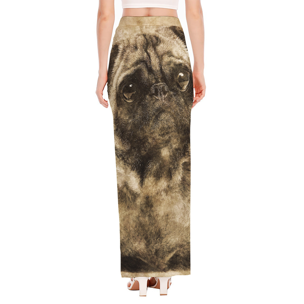 Vintage Pug Portrait Print High Slit Maxi Skirt