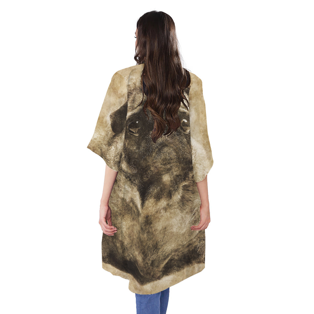 Vintage Pug Portrait Print Open Front Beach Cover Up