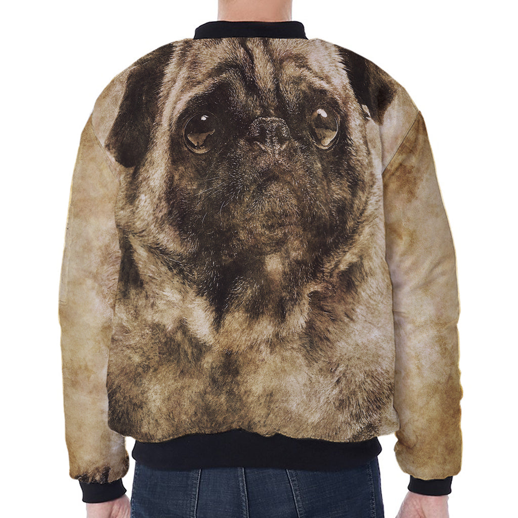 Vintage Pug Portrait Print Zip Sleeve Bomber Jacket