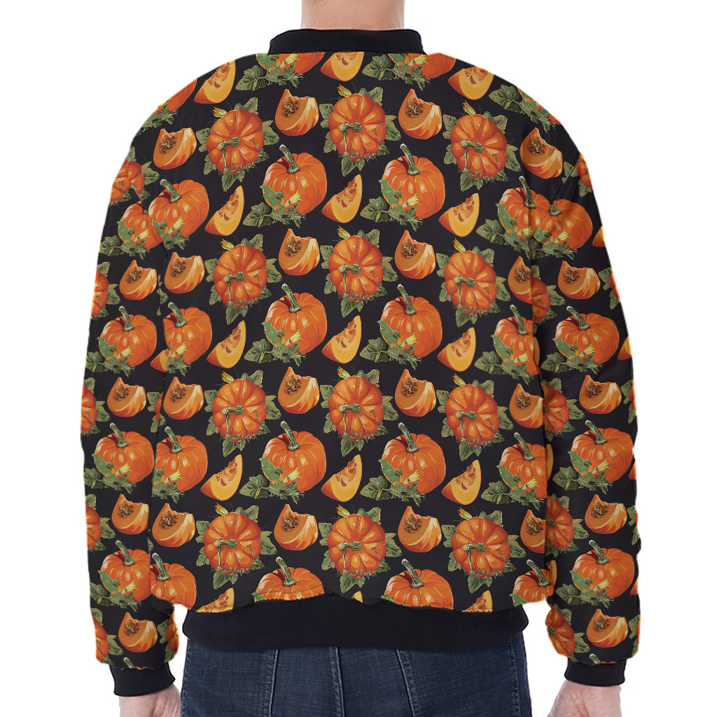 Vintage Pumpkin Pattern Print Zip Sleeve Bomber Jacket