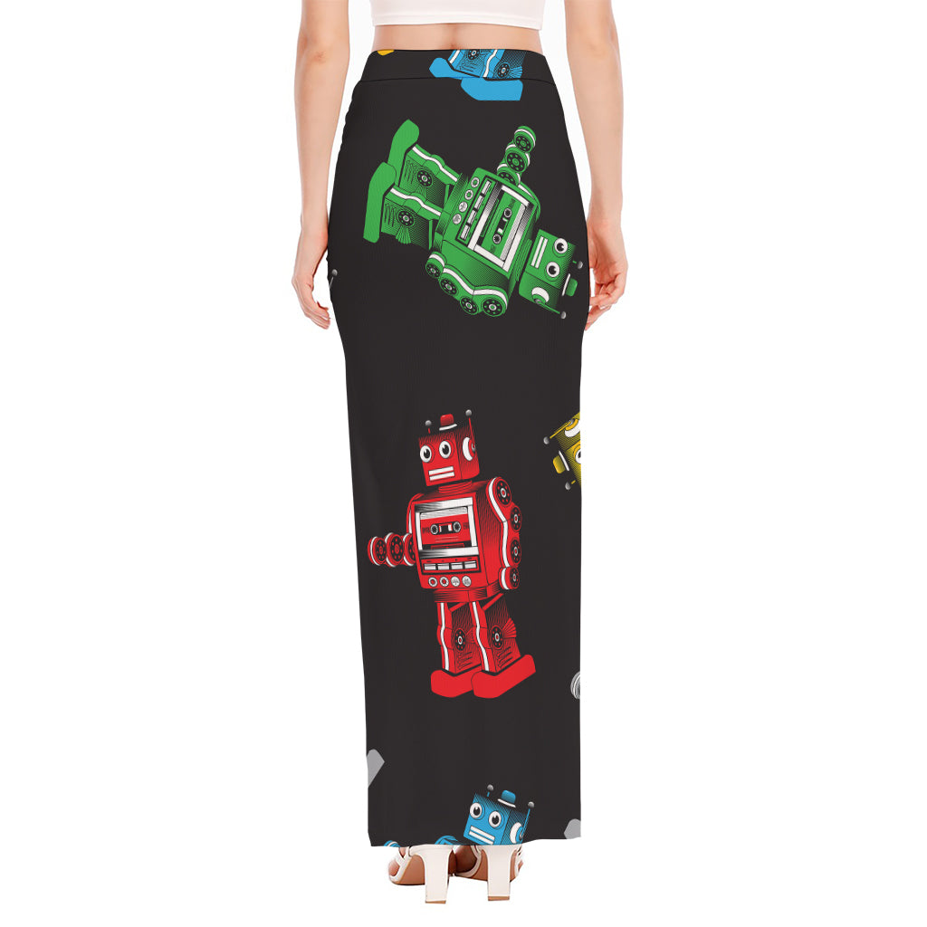 Vintage Robot Pattern Print High Slit Maxi Skirt