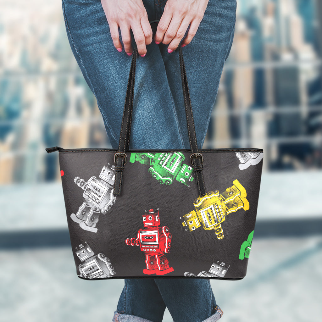 Vintage Robot Pattern Print Leather Tote Bag